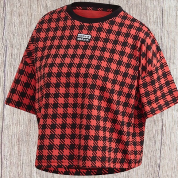 ADIDAS BOXY TEE. SQUARED MIDRIFF CREW NECK TOP. 90’s CHECKED PRINT. GREAT COND. - Picture 1 of 10
